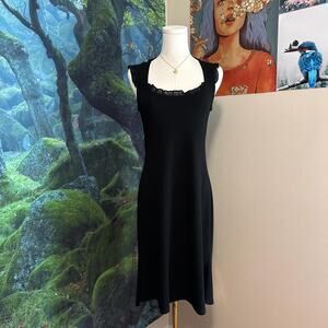 anni kuan black midi dress with ruffle trim made in nyc